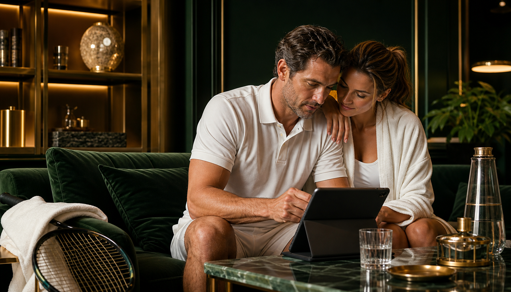 Paar im privaten Tennisclub betrachtet einen digitalen Gesundheitsbogen auf einem Tablet